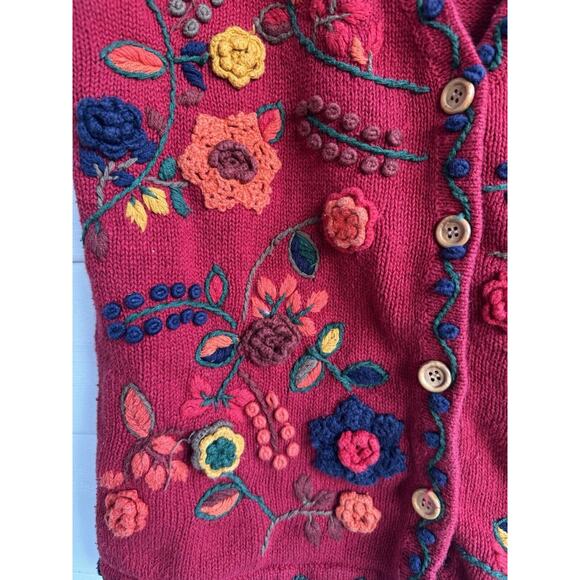Vintage 90s Women’s M Erika Red Floral Knit Embroidered Button Down Vest Flowers - Picture 8 of 11